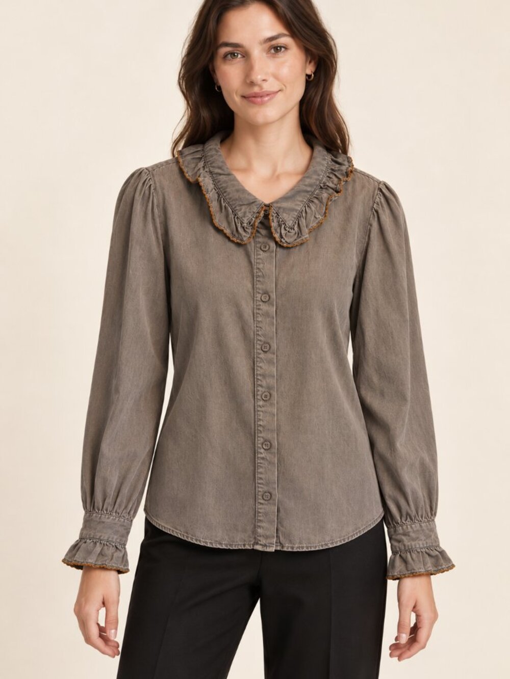 NWT Current Air embroidered ruffled collar Shirt Size L